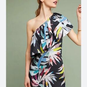 Mara Hoffman Black One-Shoulder Tropical Leaf Ruffle Dress